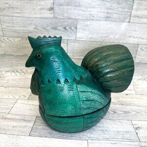 Hand Carved Hand‎ Painted 2 Piece Green Wooden Rooster Trinket Box